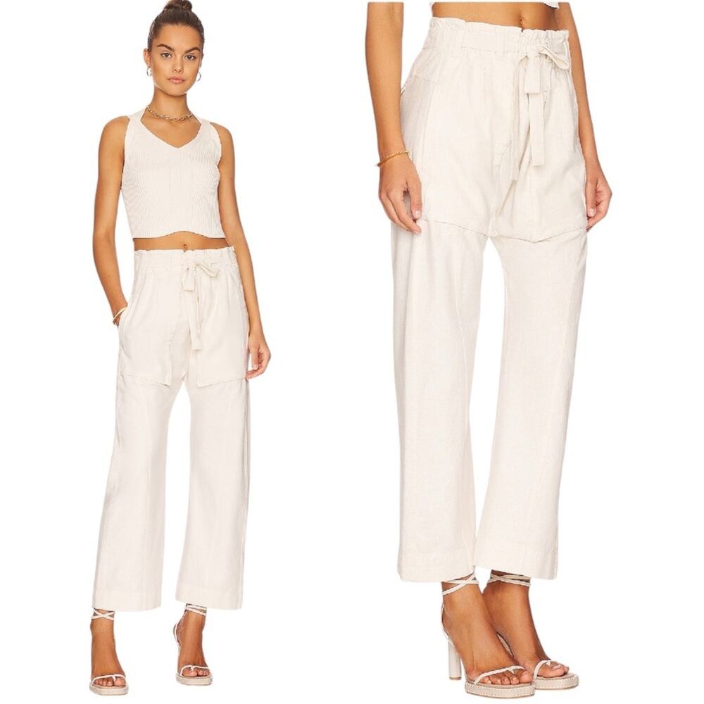 Free People Sky Rider Straight Leg Linen Pant Ecru Cream White XS Paperbag Waist
